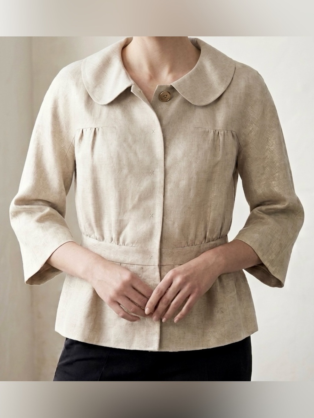 Semantiks 100% Linen Blazer Shimmer Cream/Gold 3/4 Sleeve Peplum Size 12
